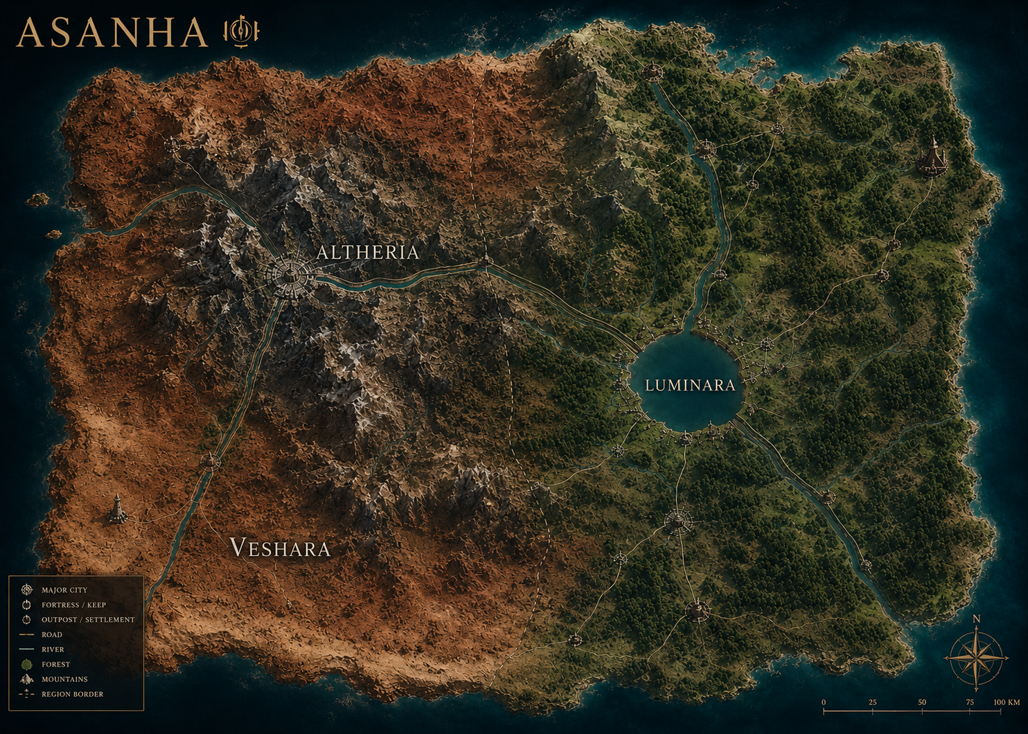 Illustrated map of Asanha: Veshara's red desert and mountains to the west, with Altheria's city, and Luminara's green forests to the east, with a lake at its center. A dashed political border runs between them, with roads, rivers, and settlements marked throughout, plus a legend, compass, and scale.